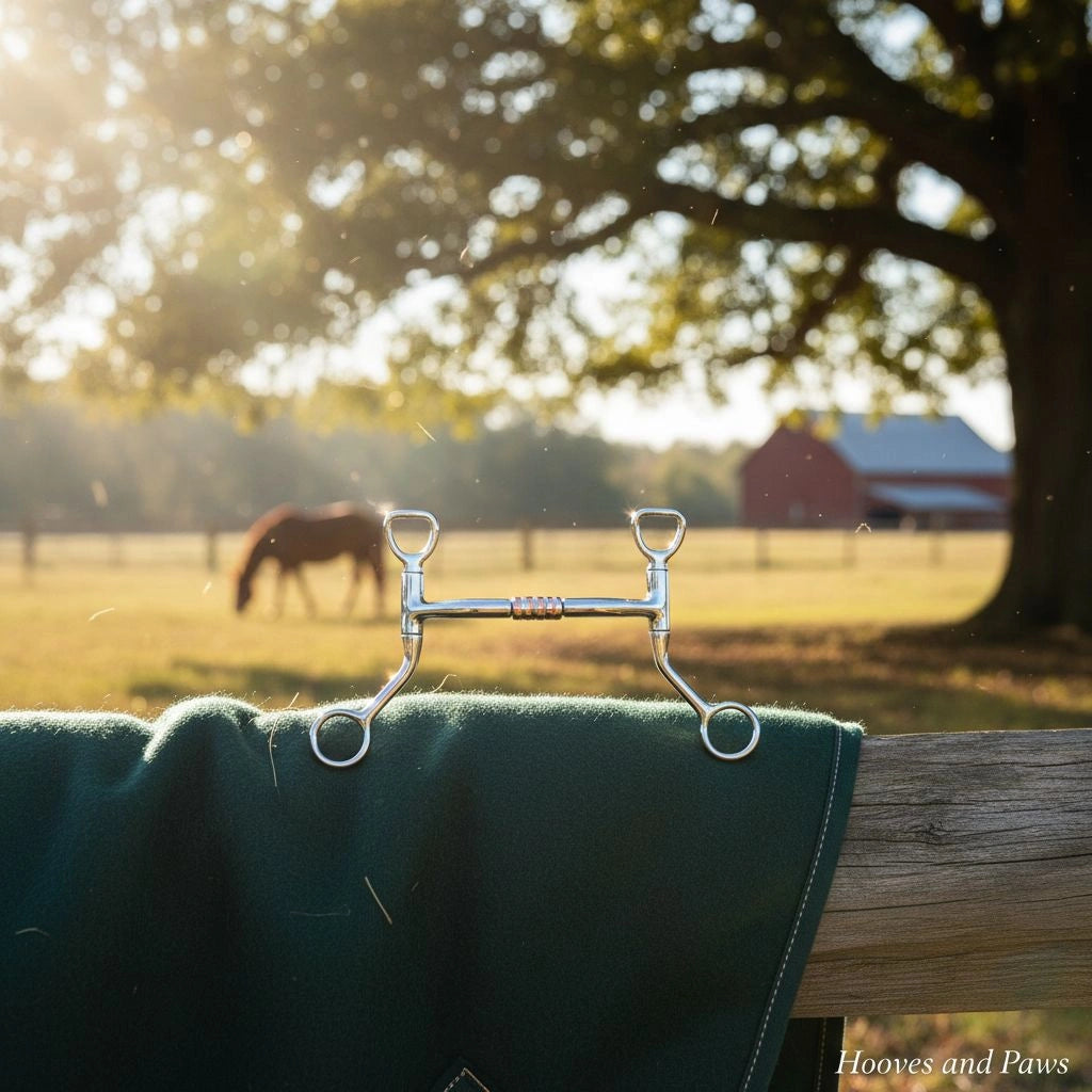 Myler MB 32 Tom Thumb Snaffle horse bit, sweet iron with copper inlay, hanging on a dark green blanket over a wooden fence, with a grazing horse, large tree, and red barn in a sun-drenched farm field background.