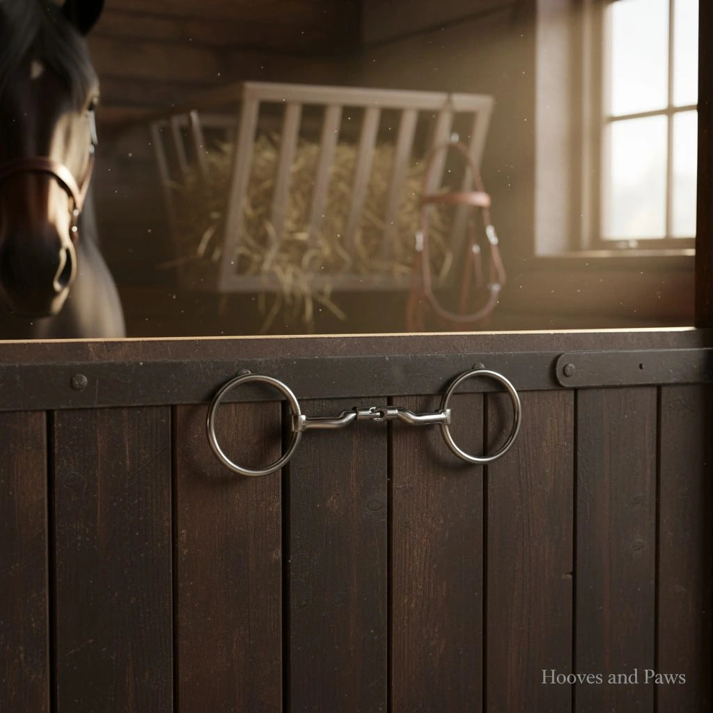 Silver Myler MB 06 loose ring snaffle bit hanging on a dark wooden stable door, with a blurred horse, hay feeder, and sunlit stable window in the background.