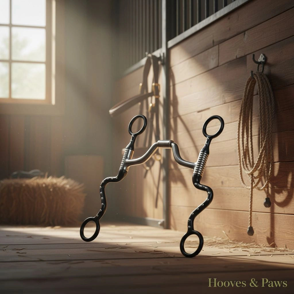 Myler Black Steel Seven Shank horse bit with Medium Wide Ported Barrel MB 33, featuring black shanks and a silver barrel, stands on a wooden stable floor with sunlit hay and rope in the background.