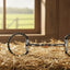 Myler 03 Black Dee Bit 5-Inch Sweet Iron Comfort Snaffle and a brown leather strap on hay, with a barn window overlooking a green field in the background.