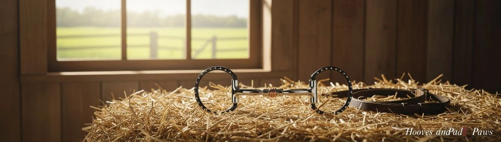 Myler 03 Black Dee Bit 5-Inch Sweet Iron Comfort Snaffle and a brown leather strap on hay, with a barn window overlooking a green field in the background.