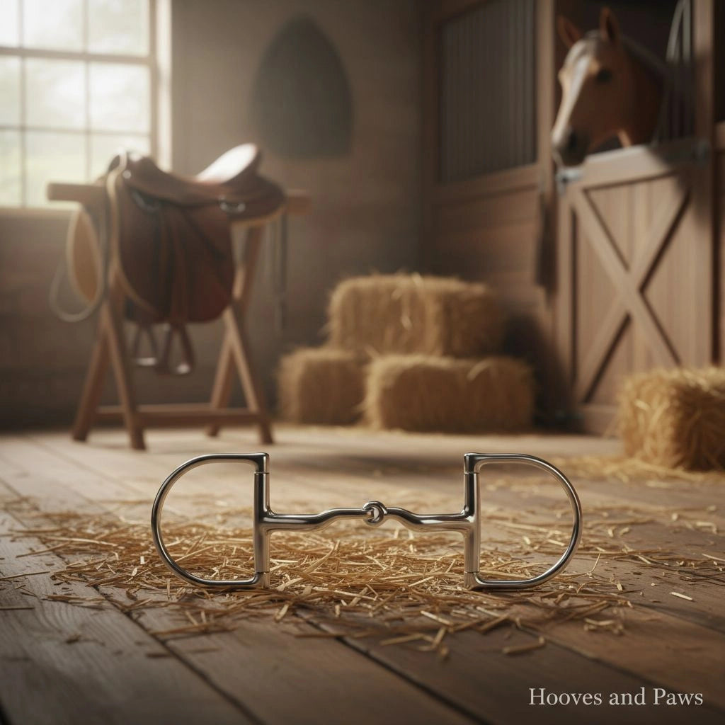 Silver Myler Medium Dee snaffle horse bit on a straw-covered wooden barn floor, with a saddle, hay bales, and a horse in a stable in the background, depicting an equestrian setting for horse communication and comfort.