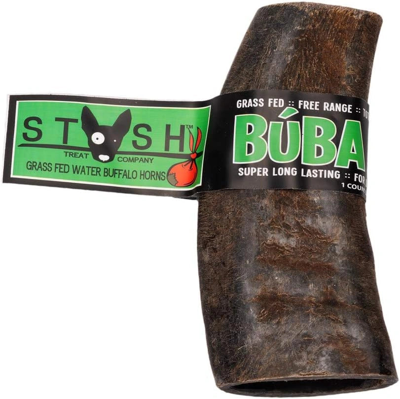 Grass-fed water buffalo horn with 'Buba' branding and 'Stash Treat Company' label on a white background