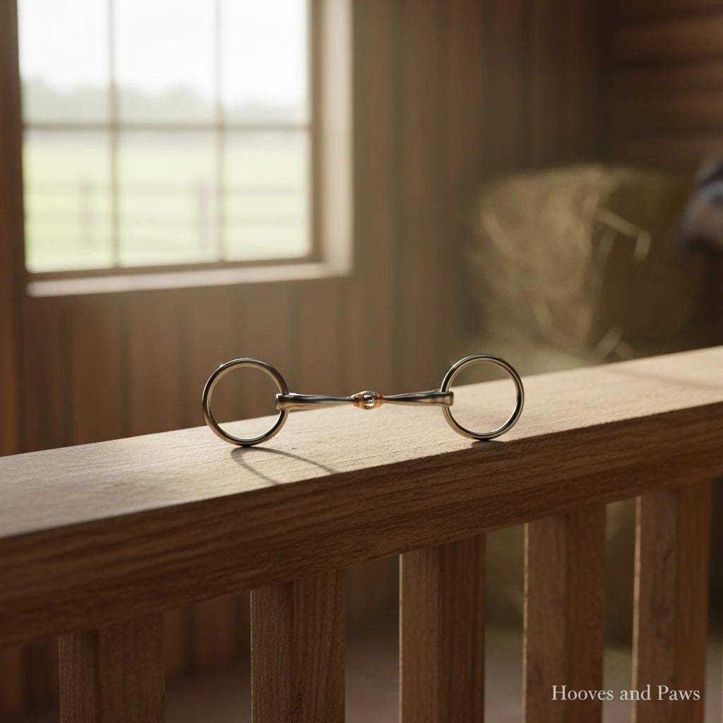 Myler MB 02 Comfort Snaffle sweet iron horse bit with copper inlay, resting on a wooden railing in a sunlit barn.