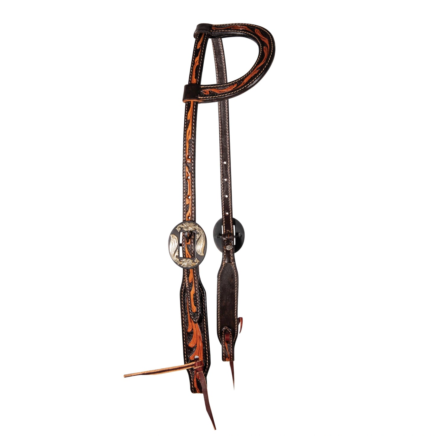 Professional's Choice Floral One-Ear Headstall | Natural Floral Over Black Leather | Available in One-Ear Engraved Silver Buckles or Stainless Steel Buckles