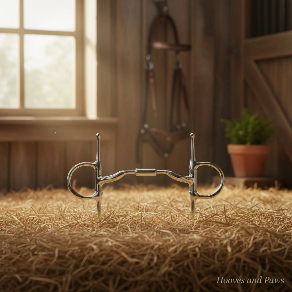 Myler 5 inch 89-24045 Full Cheek with Hook and Low Port Comfort Snaffle MB 04 horse bit, shiny silver, resting upright on golden hay in a rustic, sunlit stable.