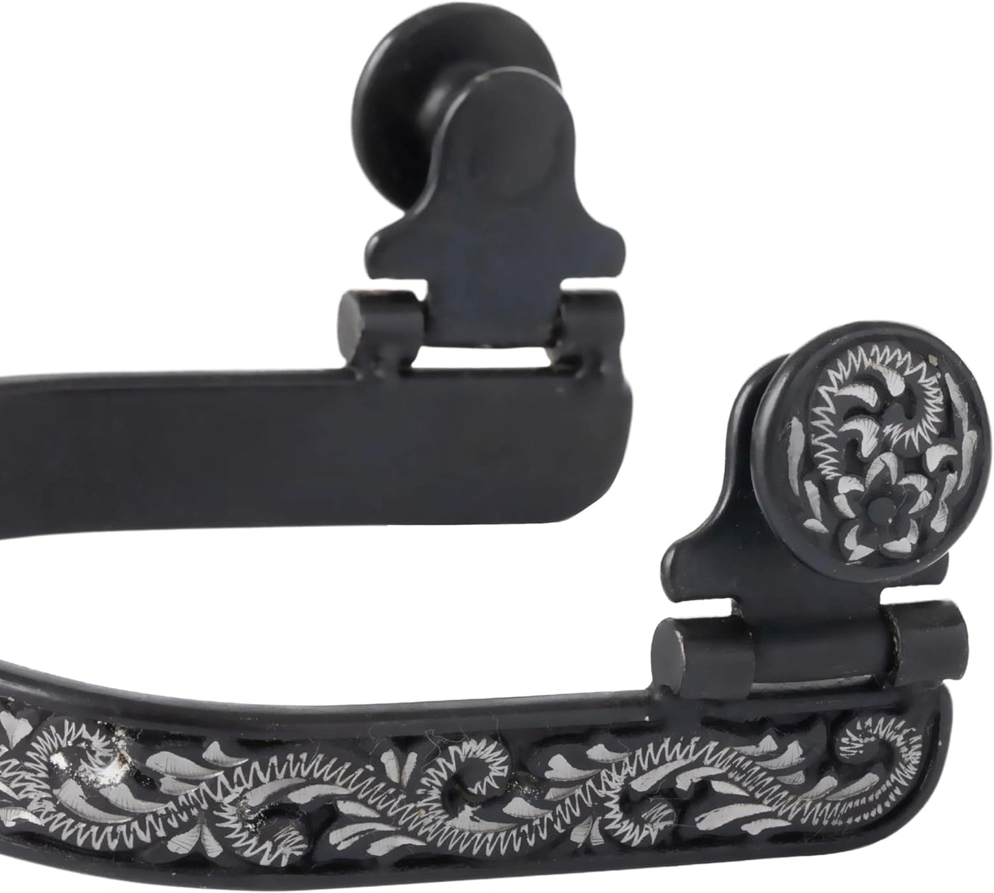 Weaver Leather Ladies' Engraved Black Steel Spurs - 1-3/4" Shank, 5/8" Band, Cloverleaf Rowel