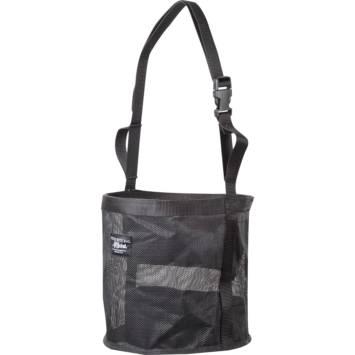 Black mesh pouch with straps on a white background