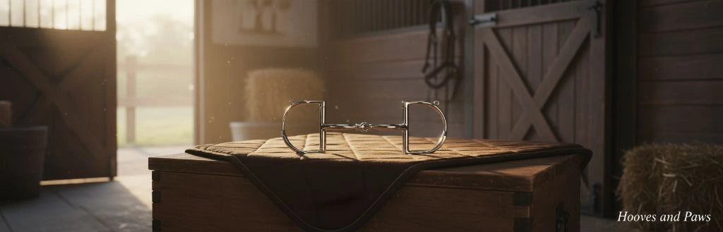 Myler 02 Stainless Steel English Dee horse bit with hooks, gleaming on a brown quilted saddle pad atop a wooden trunk in a warm, sunlit stable with visible dust particles.