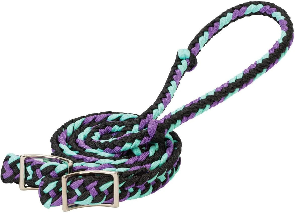 Weaver Equine Braided Nylon Barrel Reins Black/Purple/Mint - Hooves and Paws