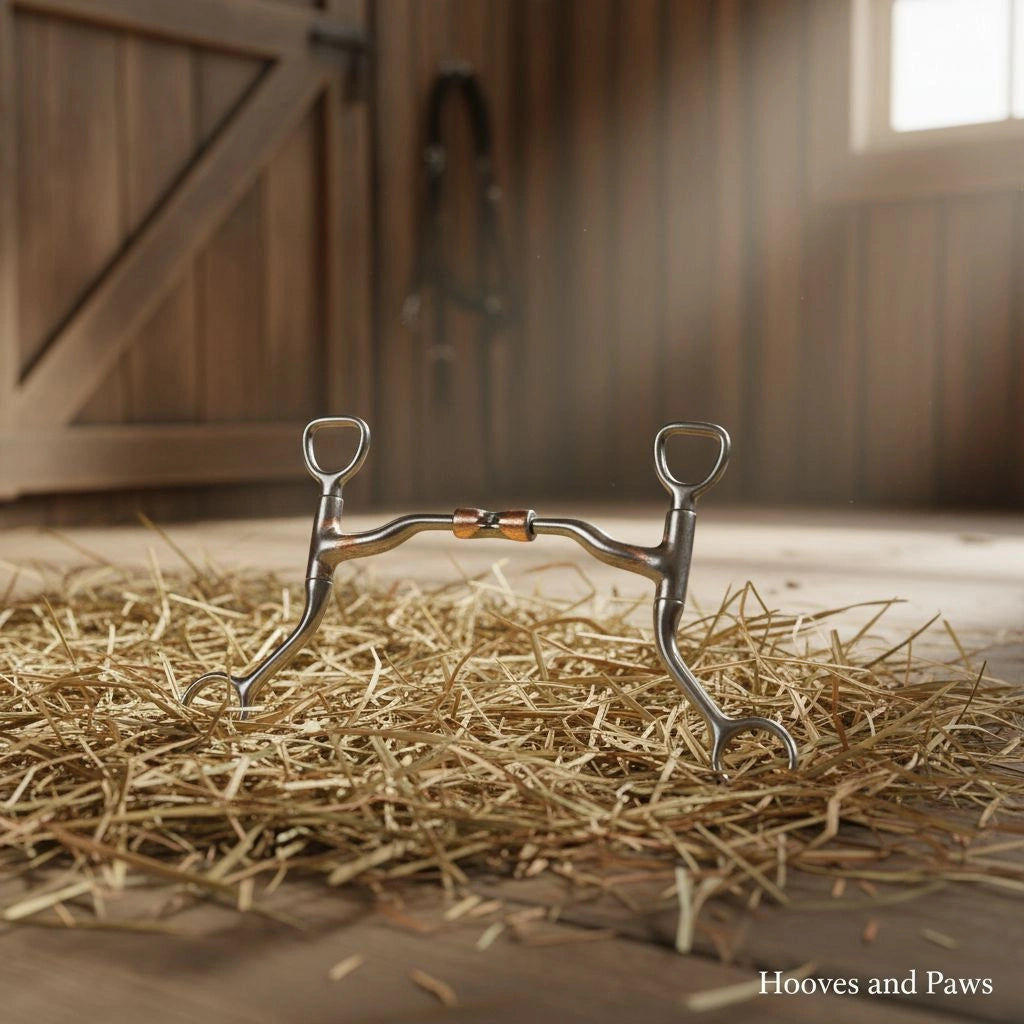 Premium Myler MB 04 Comfort Snaffle horse bit with sweet iron and copper inlay, displayed on hay inside a rustic wooden barn.