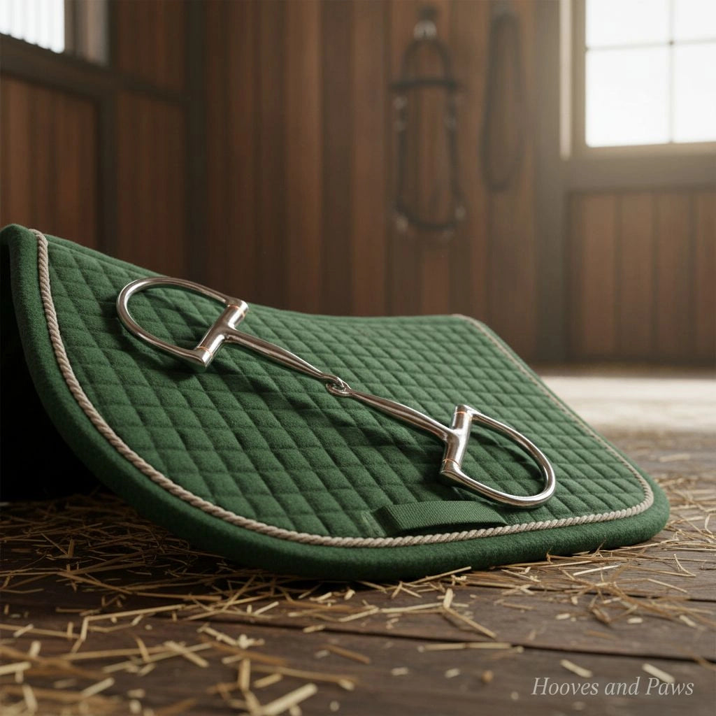 Myler MB 09 Dee Bit, a stainless steel snaffle with copper inlay, resting on a green quilted saddle pad on a wooden stable floor with straw.