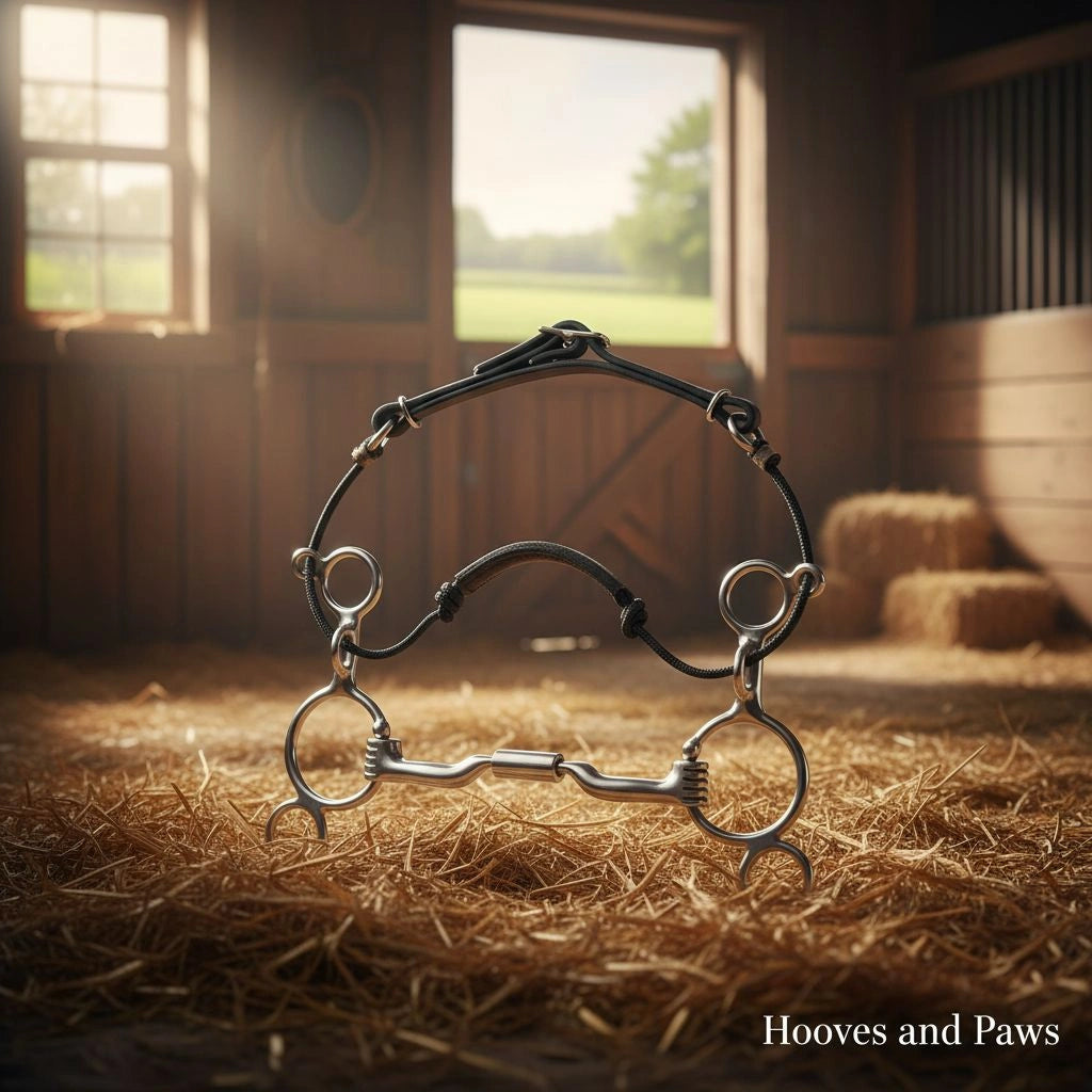 Myler combination bit with sweet iron mouthpiece and black rope noseband, resting on golden hay in a sunlit barn.