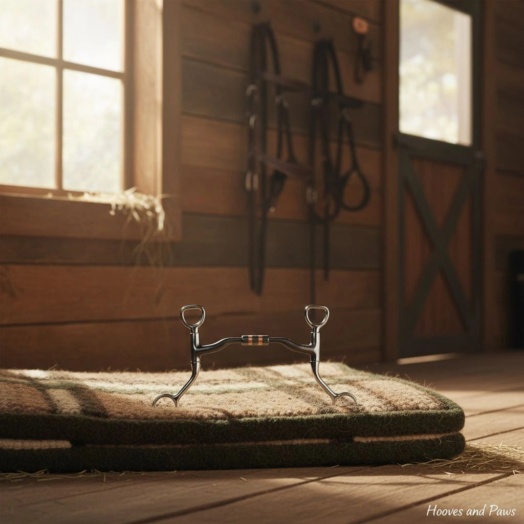 Myler HBT Shank Snaffle Bit, sweet iron with a copper inlay, resting on a plaid saddle pad in a sunlit barn with horse tack in the background. Designed for horse comfort and control.