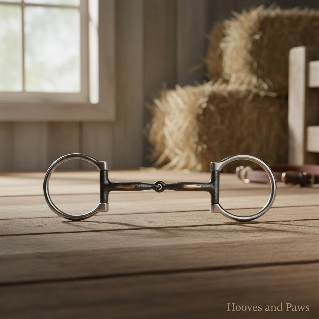 Myler Western Dee Snaffle Bit with sweet iron mouthpiece and copper inlay, on a wooden floor in a barn setting.