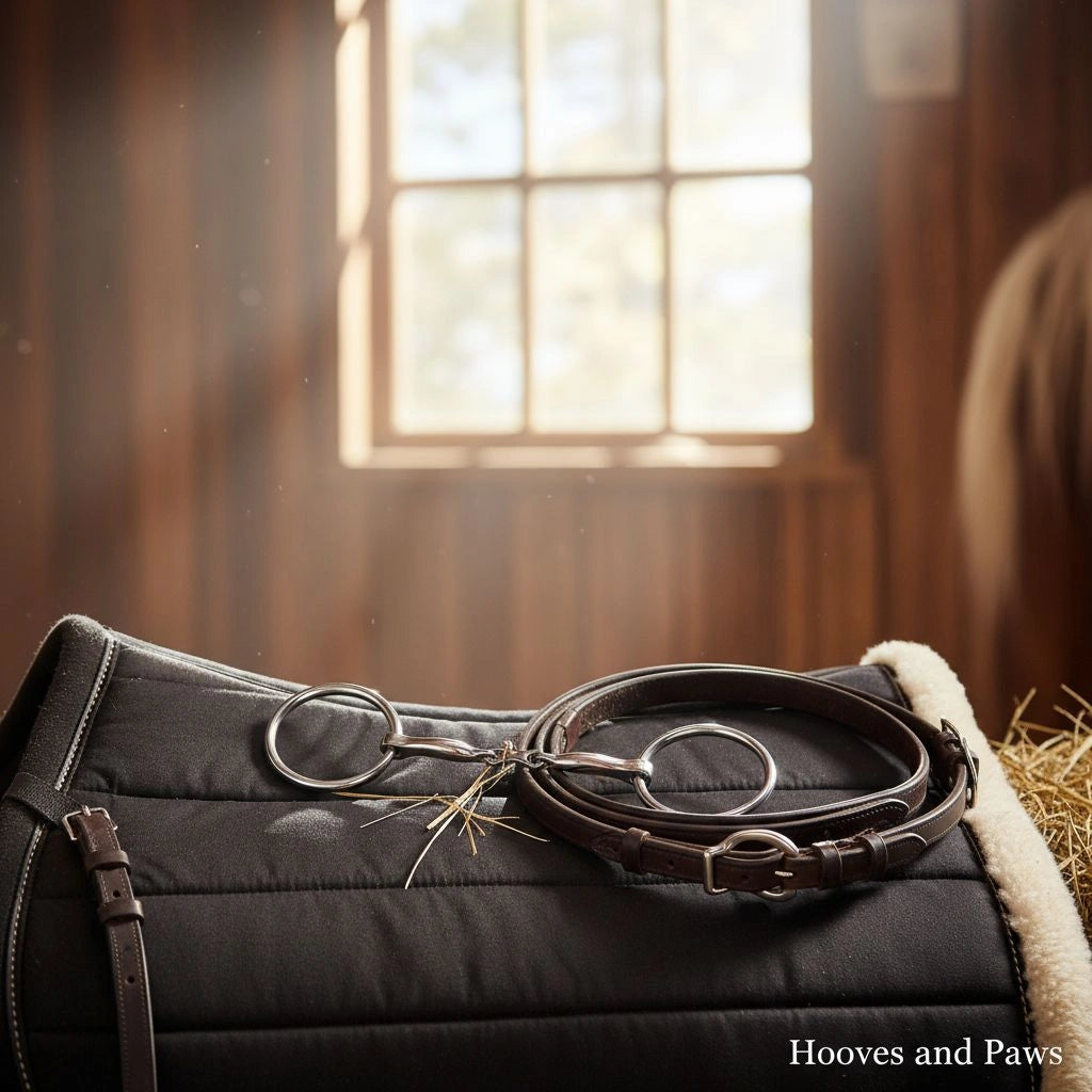 Myler MB 10 French Link Snaffle bit (stainless steel & copper) on a dark quilted saddle pad with a leather bridle. Rustic barn setting with hay and a horse in the background.