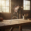 Myler MB 33 Curb Bit with sweet iron ported barrel, 5 inch, displayed on a wooden table in a sunlit barn with equestrian tack, designed for enhanced horse comfort.