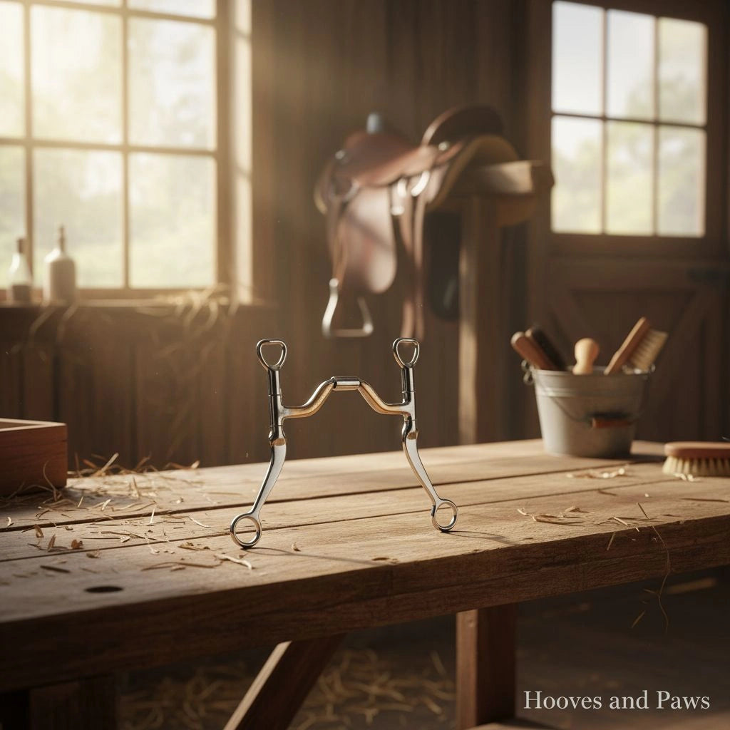 Myler MB 33 Curb Bit with sweet iron ported barrel, 5 inch, displayed on a wooden table in a sunlit barn with equestrian tack, designed for enhanced horse comfort.