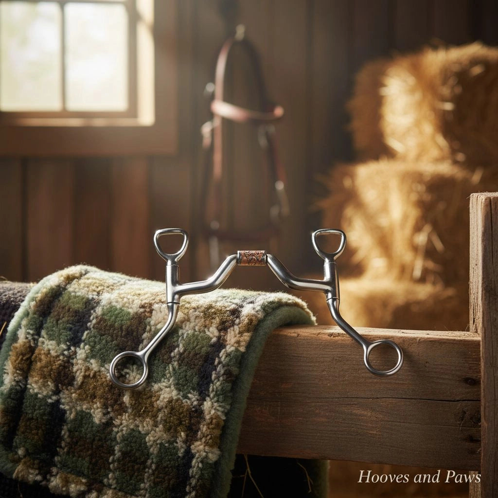 Myler HBT Ported Barrel Tom Thumb Snaffle Bit, sweet iron with copper inlay, on a rustic barn fence with a green patterned blanket and hay bales in the background.