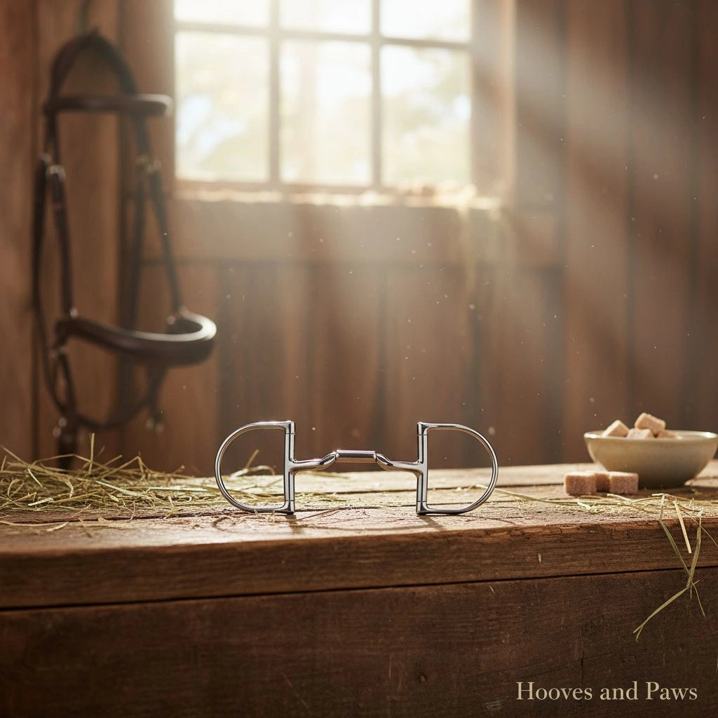 Stainless steel Myler Pony Dee Snaffle Bit on a rustic wooden stable table with hay and sugar cubes, a bridle in the blurred background.