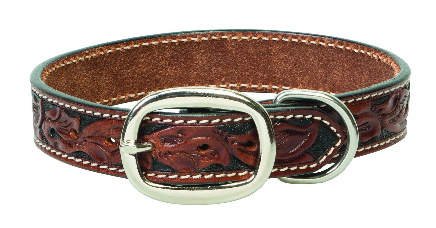 Weaver Leather Carved Flower Leather Dog Collar - Light-Oiled, Turquoise Accents & Stainless Steel Hardware - Multiple Sizes