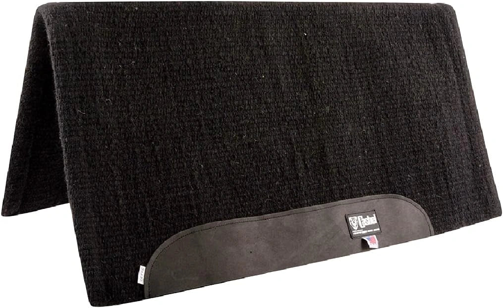 Black saddle pad with a brand logo on a white background