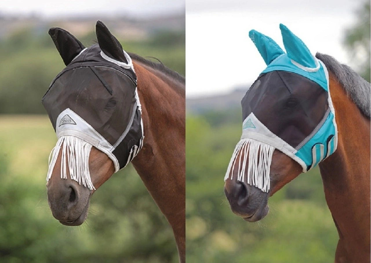 Shires Fine Mesh Horse Equine Fly Mask With Ears And Nose Fringe 60% UV Protection - Hooves and Paws