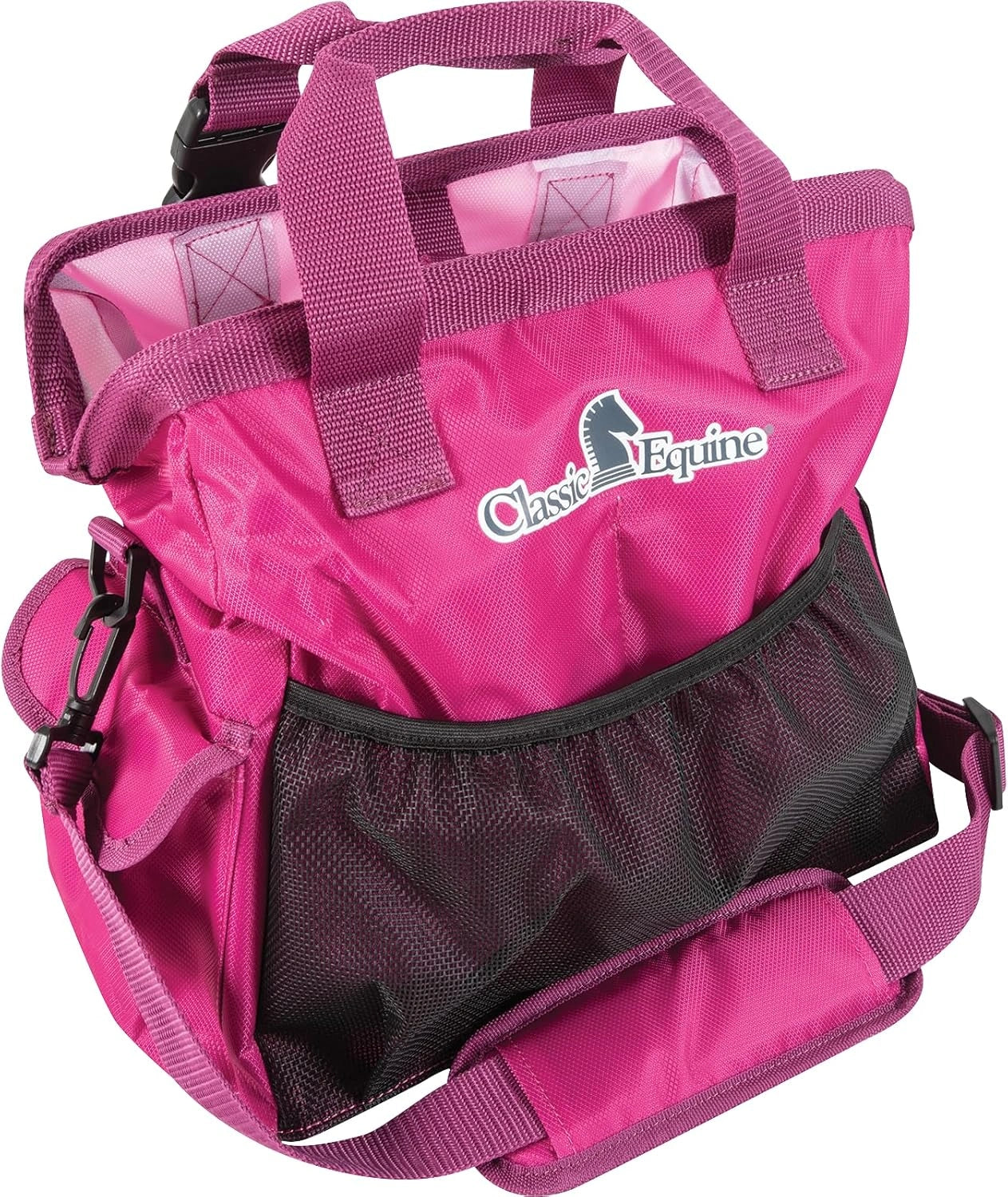 Pink equestrian bag with 'Classic Equine' logo on a white background
