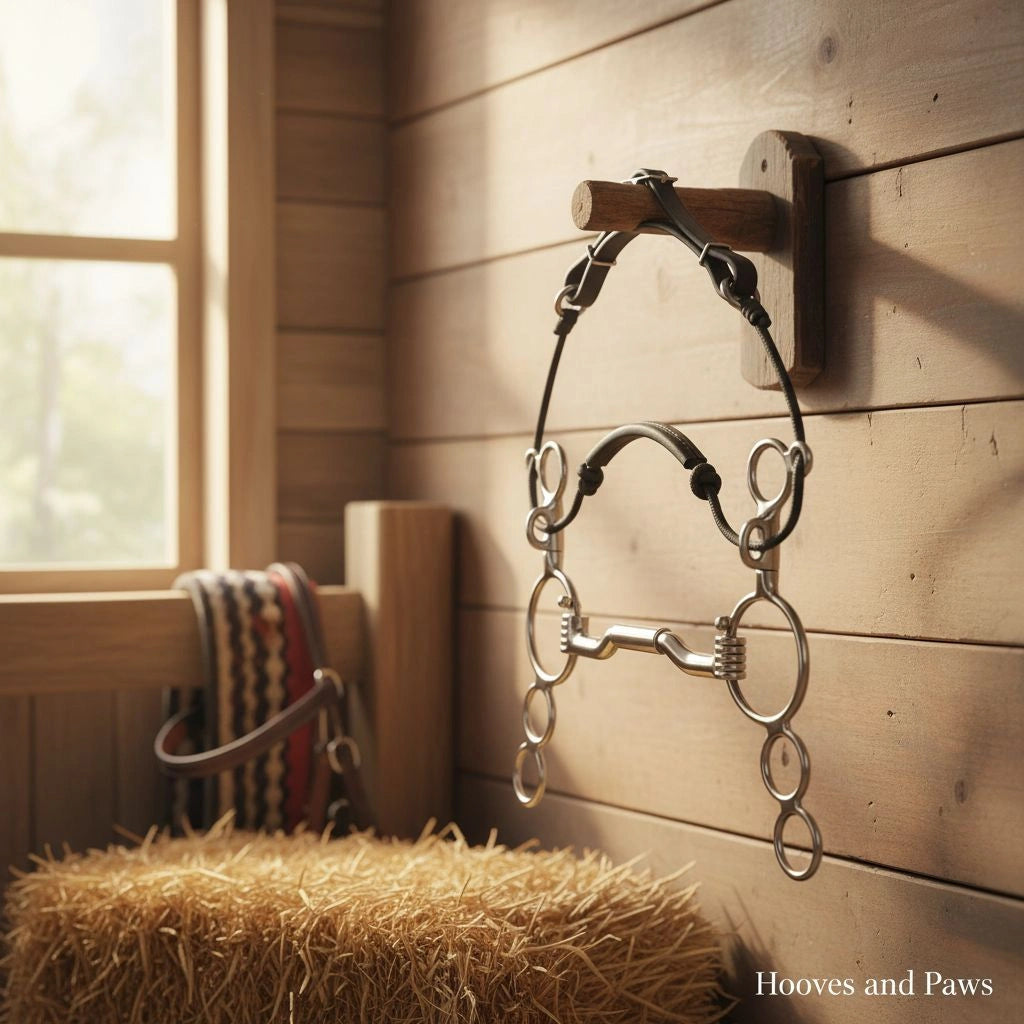 Myler MB 36 Combination Bit with Sweet Iron Ported Barrel, hanging on a rustic wooden wall in a stable, with a hay bale in the foreground.