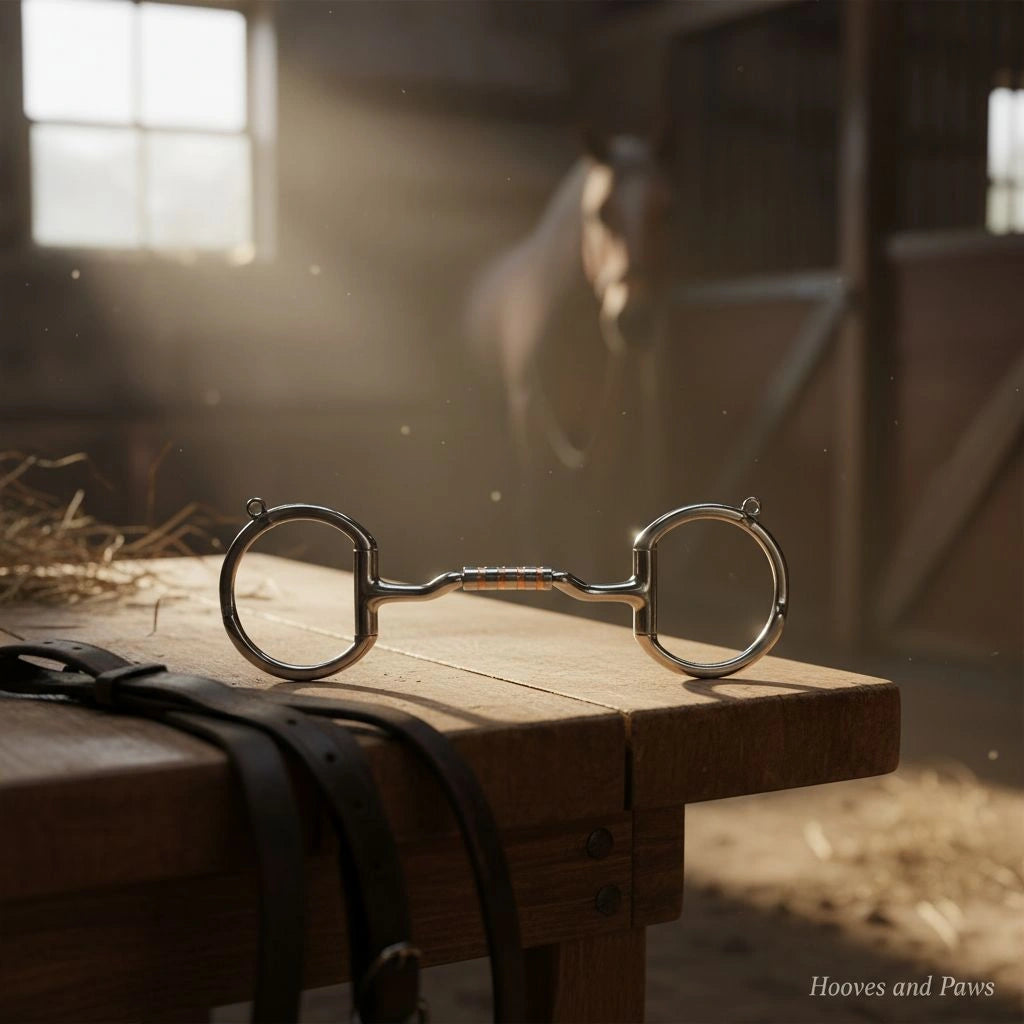 Myler Eggbutt Snaffle Bit with hooks, made of stainless steel and copper, resting on a rustic wooden table in a sunlit barn with a blurred horse in the background.
