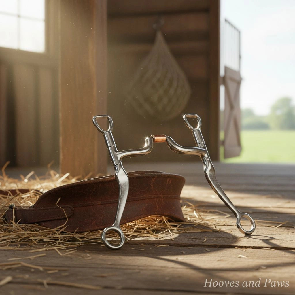 Myler MB 43LP Sweet Iron Low Port Curb Bit with copper inlay, resting on a brown leather headstall and hay on a rustic barn floor with sunlight.