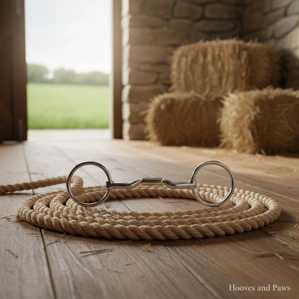 Myler MB 04 loose ring snaffle bit, 6 inch and dressage legal, rests on a coiled rope on a rustic wooden barn floor with hay bales and an open green field in the background.