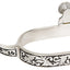Decorative silver spur with intricate designs on a white background