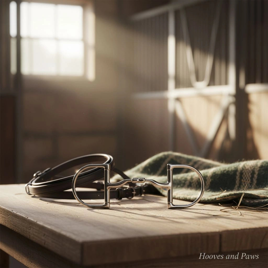Myler MB 04 Dee Snaffle Bit with leather bridle and green blanket on a wooden table in a sunlit barn, ideal for English riding.