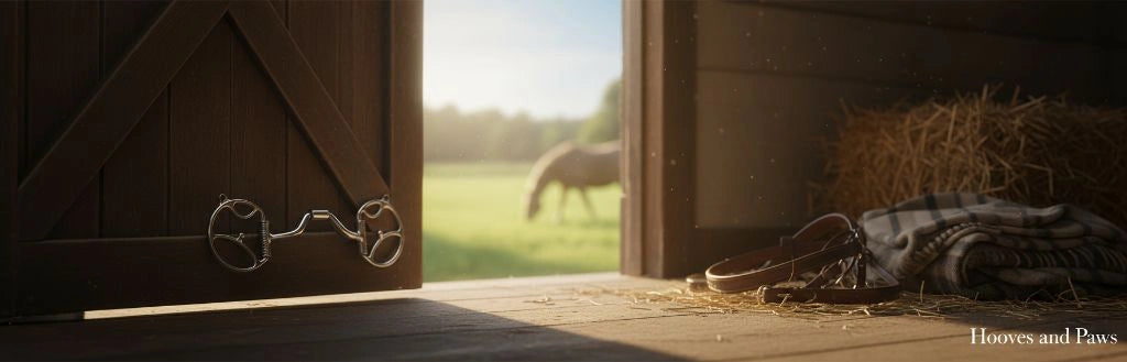 Myler Bits 5" Western Dee with 2 Hooks and Sweet Iron Ported Barrel MB 33 #89-19335, a gleaming silver horse bit, hangs on a dark wooden barn door. The door opens to a bright green field where a horse grazes. Inside the barn, a leather bridle, a striped blanket, and hay are on the sunlit wooden floor, with visible dust.