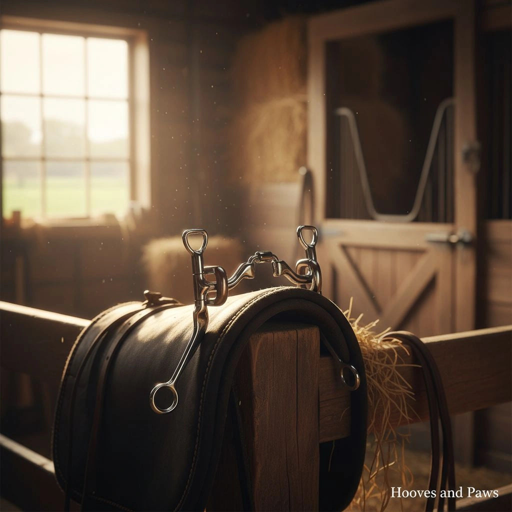 Myler MB 41PB Sweet Iron Ported Barrel Bit with a curved mouthpiece and shiny metal cheeks, displayed on a dark leather saddle in a sunlit stable.