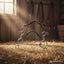 Myler MB 02 Combination Bit with silver cheeks, sweet iron mouthpiece, and black leather/rope parts, standing on hay in a sunlit barn.