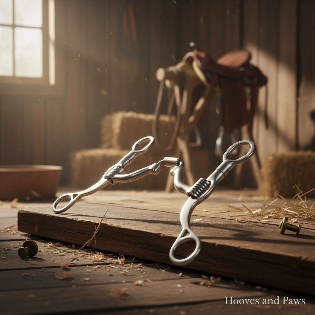 Myler MBL Short Shank with Correctional Wide Port MB 41PBW horse bit, silver-toned, lying on a rustic wooden plank in a sunlit barn with hay bales and a saddle in the background.