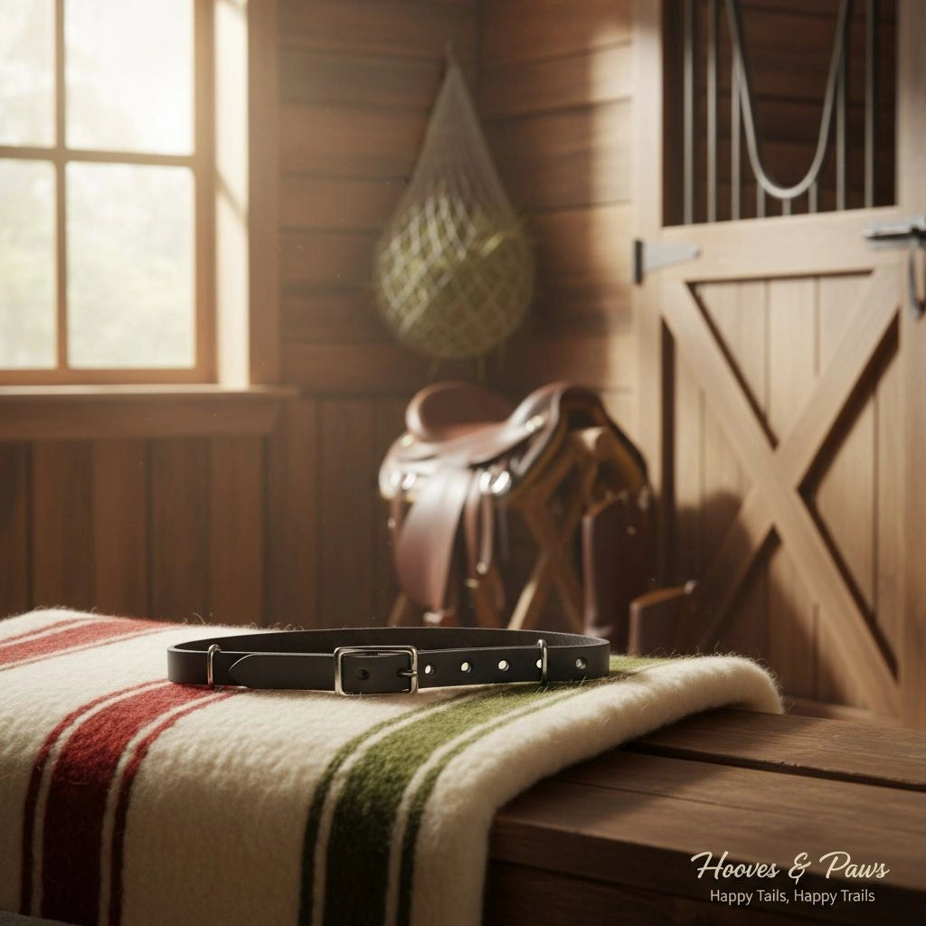 Myler adjustable black synthetic curb strap with a silver buckle and holes, resting on a striped blanket in a sunlit rustic barn with a western saddle and stall.