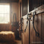 Myler MBB Black Steel Flat Shank with Narrow Medium Ported Barrel MB 43MP horse bit #89-64455, hanging on a rustic wooden barn stall door with a blurred window and hay bale in the background.