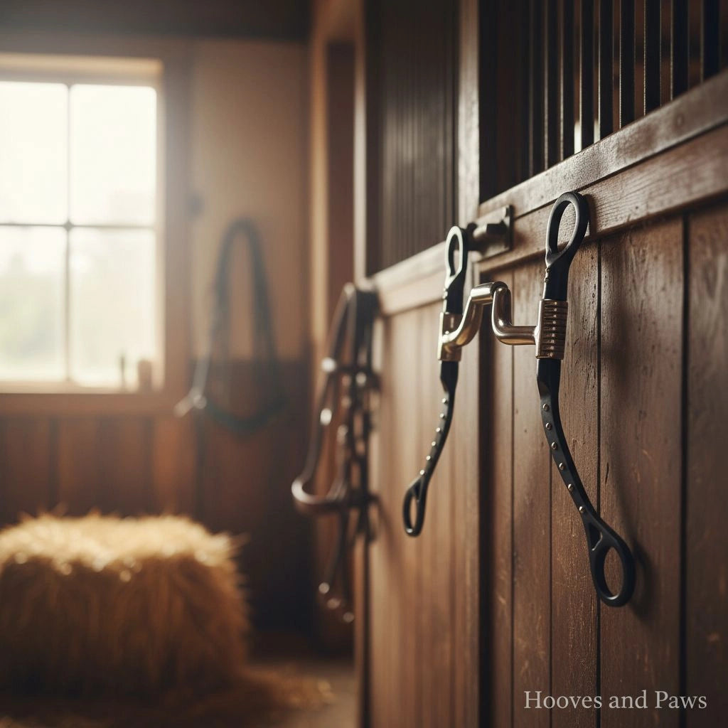 Myler MBB Black Steel Flat Shank with Narrow Medium Ported Barrel MB 43MP horse bit #89-64455, hanging on a rustic wooden barn stall door with a blurred window and hay bale in the background.