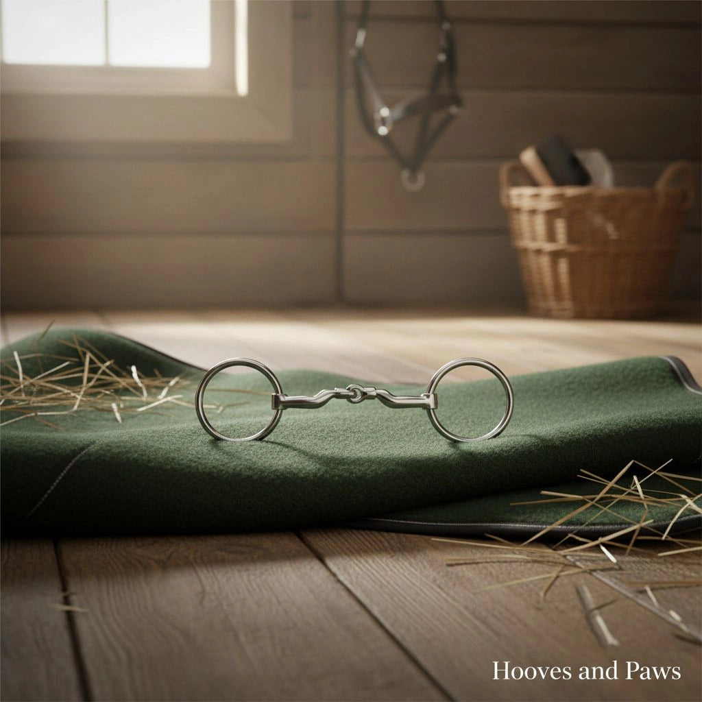 Myler MB 06 loose ring snaffle bit, polished silver, on a dark green blanket with scattered hay, in a stable with a halter hanging on a wooden wall.