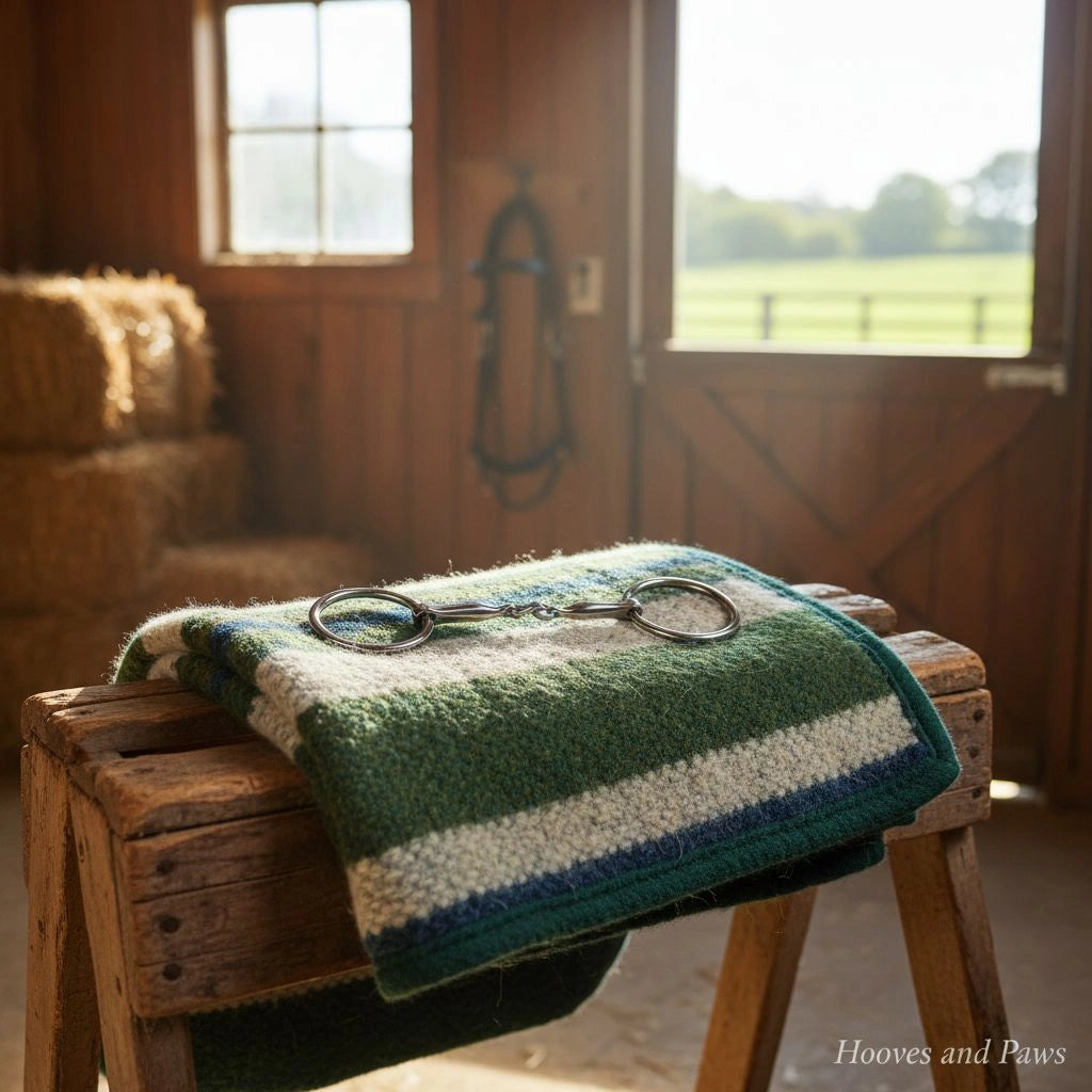 Myler MB 10 French Link Snaffle bit, 6 inch stainless steel, resting on a green, white, and blue striped blanket on a wooden stool in a rustic barn.