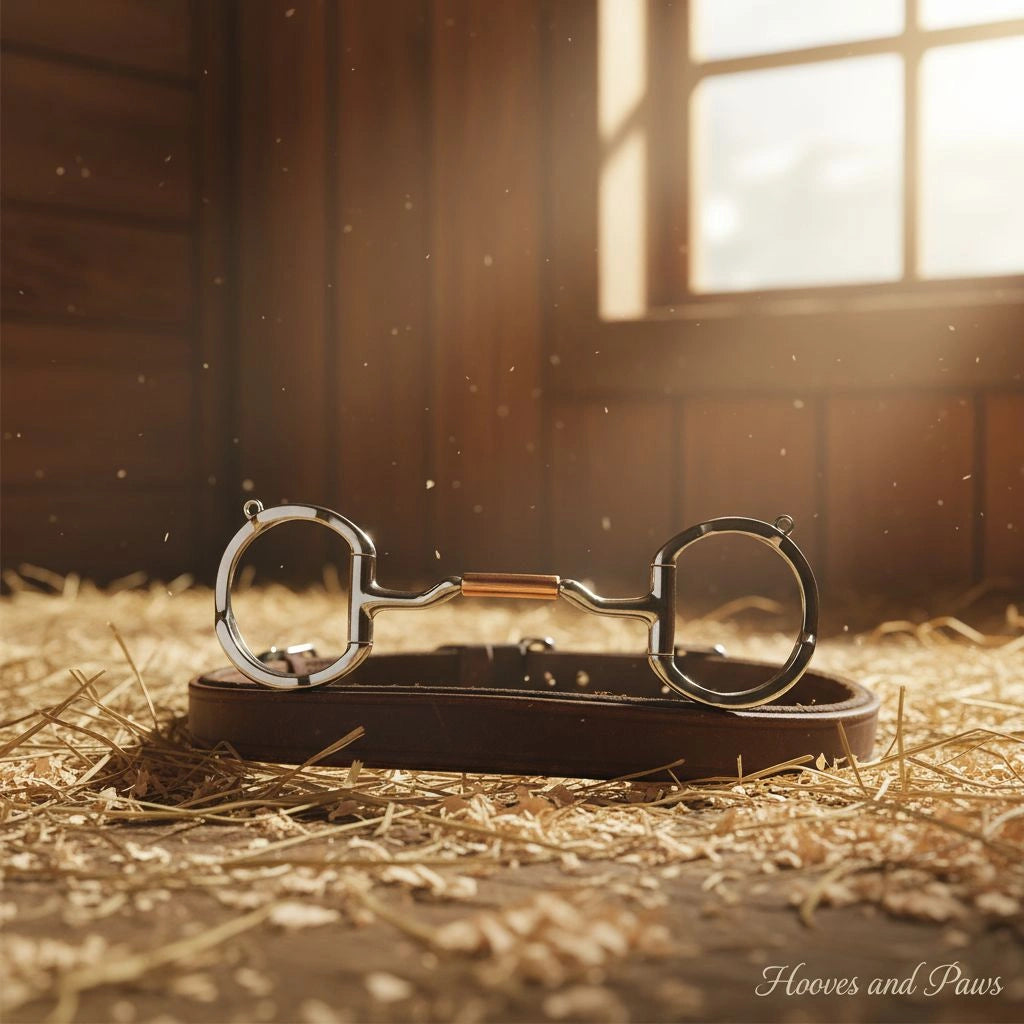 Myler Eggbutt Snaffle Bit with Hooks, stainless steel with copper inlay, resting on a brown leather strap in a sunlit barn with hay.