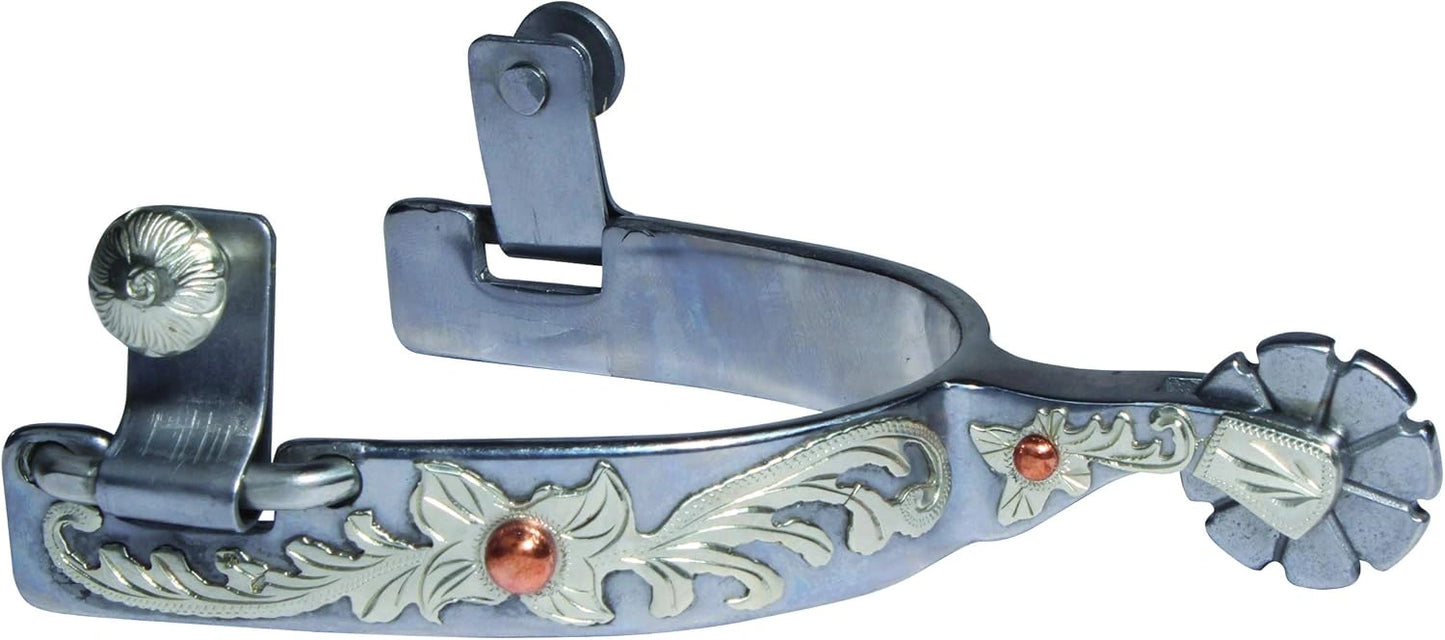 Professional's Choice Silver Floral Western Spurs - 8-Point Blunt Rowel, 3/4" Band