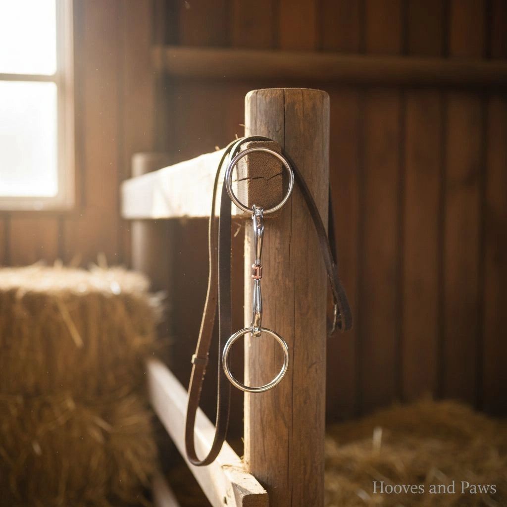 Myler Comfort Snaffle Bit (stainless steel, copper inlay) hanging from a leather strap on a rustic wooden post in a sunlit barn with hay.