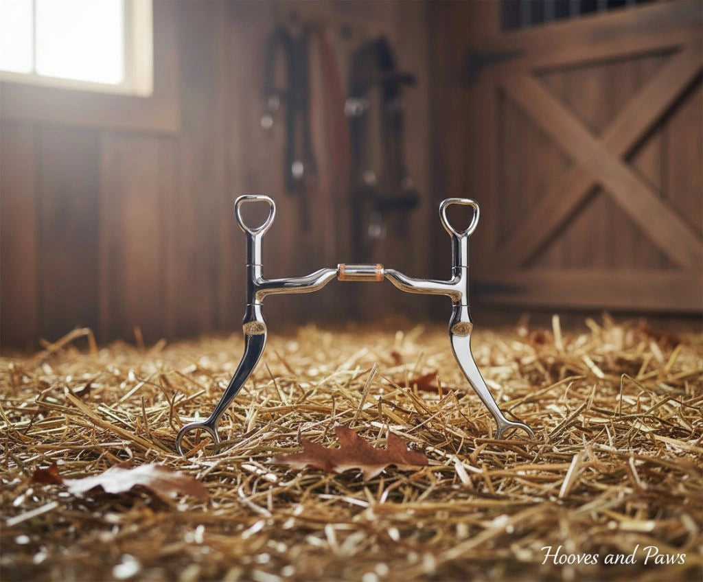 Myler MB 04 Snaffle Bit with sweet iron and copper inlay, standing upright on golden hay in a rustic barn, for horse comfort and control.