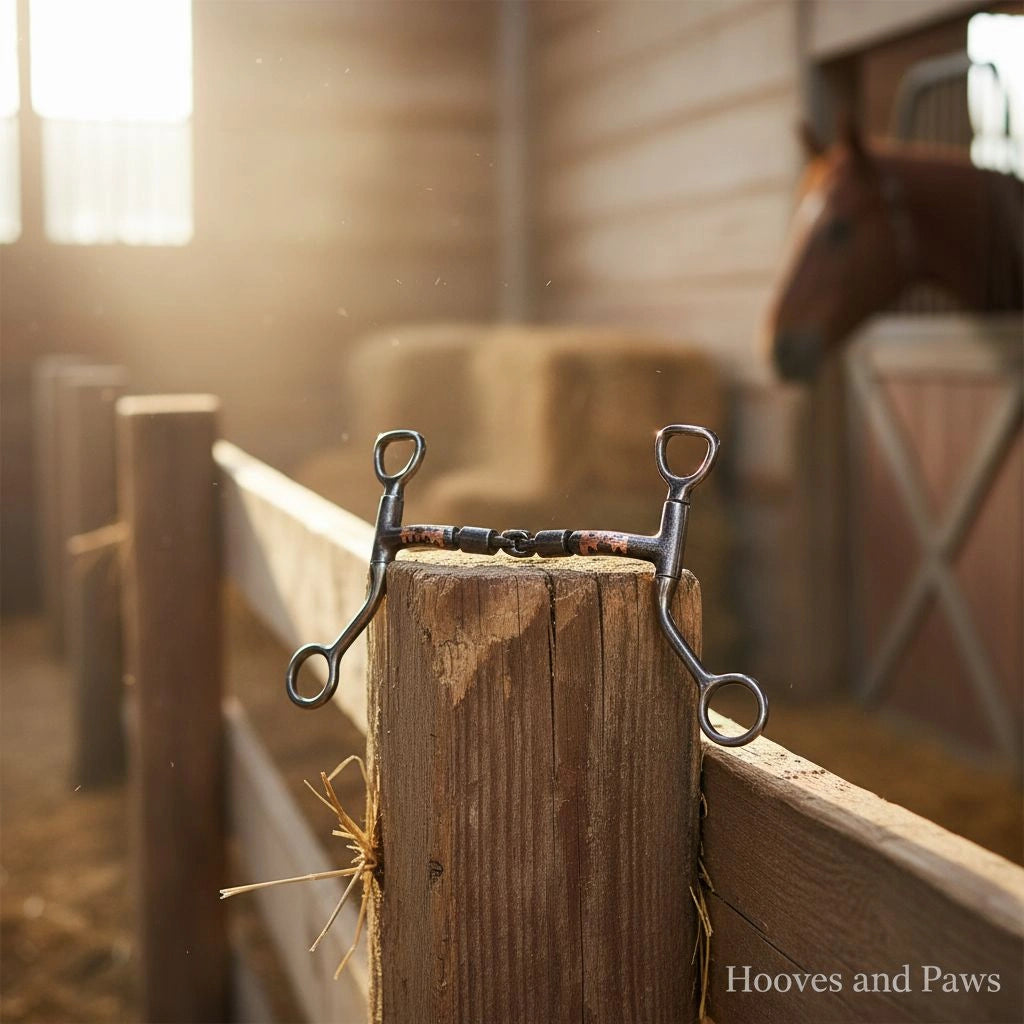 Myler MB 32-3 Sweet Iron Mullen Barrel Tom Thumb Snaffle 5" Copper Inlay horse bit resting on a wooden post in a sunlit barn, with a blurred horse and hay bales in the background.