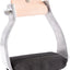 Equestrian stirrup with wooden top and black rubber pad on a white background