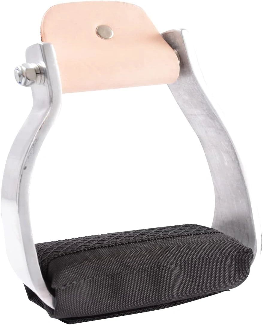Equestrian stirrup with wooden top and black rubber pad on a white background